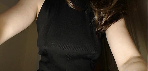  Hot girl milking her tits through black dress